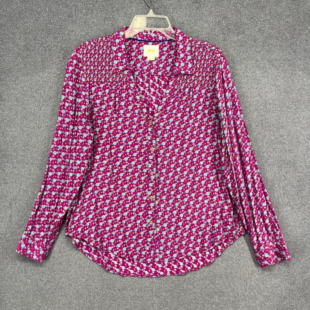 Maeve Button Up Blouse Women 14 Purple Metallic Dot Smocked Anthropologie Retro